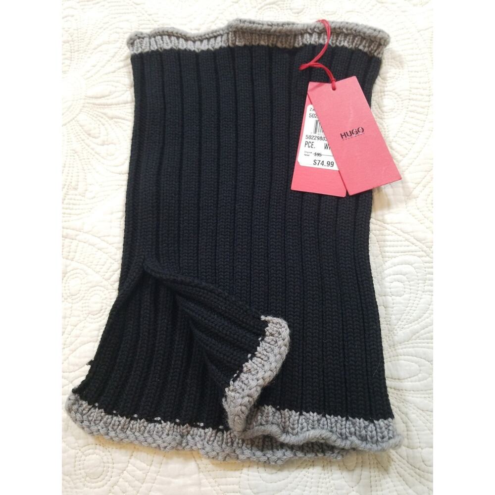 HUGO Boss Ribbed Knit Scarf Black Gray New With Tags Made in Turkey